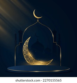 Luxurious pedestal for Ramadan Kareem. Golden month with traditional islamic ornament. 3d podium with shiny golden arc. Vector illustration. EPS 10