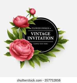 Luxurious  peony flower and leaves greeting card. Vector illustration EPS10