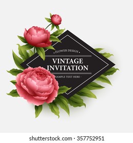 Luxurious  peony flower and leaves greeting card. Vector illustration EPS10