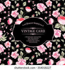 Luxurious peony wallapaper in vintage style. Floral  card with blossom buds over linear black background.  Vector illustration.