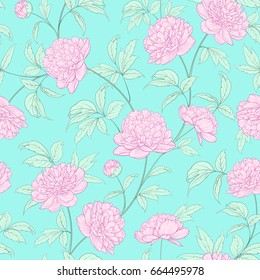 Luxurious peony wallapaper in vintage style. Seamless floral pattern with blossom flowers. Vector illustration.