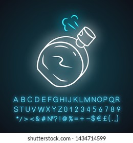 Luxurious perfume bottle neon light icon. Perfumery glowing sign with alphabet, numbers and symbols. Feminine toilette attribute vector isolated illustration. Glass container with fragrant water