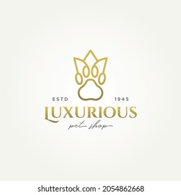 luxurious pet shop minimalist line art logo, paw with golden crown simple modern icon logo vector illustration design