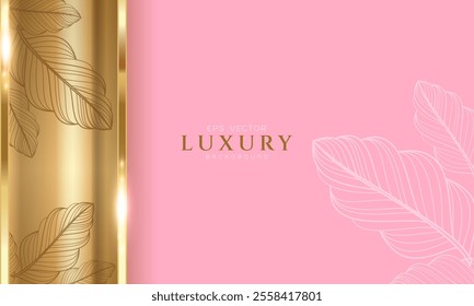 Luxurious pink background with sparkling gold foliage ornament. modern elegant luxury abstract background