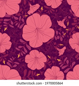 Luxurious pink floral pattern on a deep purple background. Seamless vector texture hand drawn. Petunia flowers, buds and twigs.