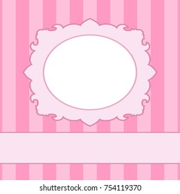 Luxurious pink frame on the background of striped wallpaper with a ribbon for inscription. Vector greeting card or photo frame for a girl and a newborn child in the royal baroque style.