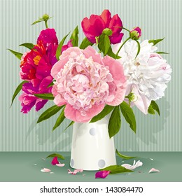 Luxurious pink, red and white peonies bouquet with leaves and buds in the porcelain vase