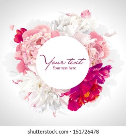 Luxurious pink, red and white peony background with a round label