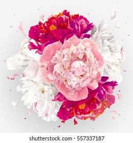 Luxurious pink, red and white peony flower spherical composition for wedding decoration, Valentine's Day, sales and other events