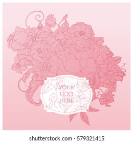 Luxurious pink rose flower and leaves greeting card with a paper label. Highly detailed. Hand-drawn, retro card design