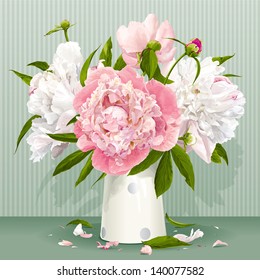 Luxurious pink and white peonies bouquet with leaves and buds in the porcelain vase