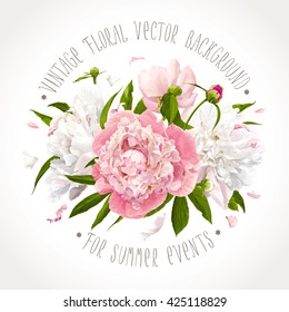 Luxurious pink, white peony flowers and leaves composition