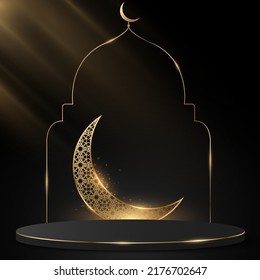 Luxurious podium with arabic frame. Glittering golden moon with islamic ornament. 3D pedestal for muslim holiday. Dark scene with rays. Eid Mubarak. Vector illustration. EPS 10