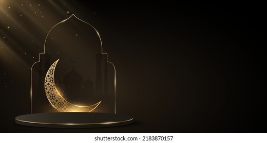 Lujoso podio para Ramadán con marco árabe en el fondo de la antigua mezquita. Brillante luna dorada con adorno islámico. pedestal 3D para vacaciones musulmanas. Ilustración vectorial. EPS 10