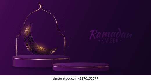 Luxurious podium for Ramadan Kareem. Glowing month of islamic ornament. 3d pedestal with golden arc. Vector illustration. EPS 10