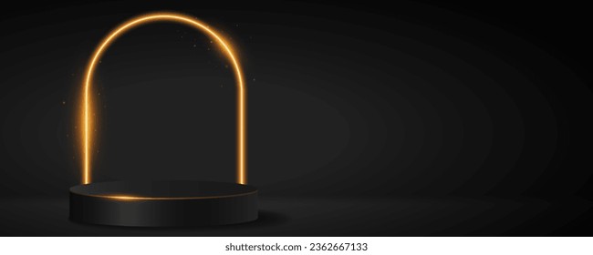 Luxurious podium with sparkling neon arc to display your brand product. Magical black and golden platform for your presentation. Vector illustration. EPS 10.