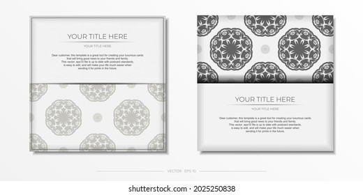 Luxurious postcards in white with abstract patterns. Vector design of invitation card with mandala ornament.