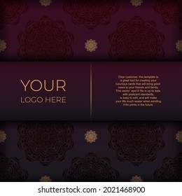 Luxurious preparation of postcards in burgundy color with vintage patterns. Template for design invitation card with mandala ornament.