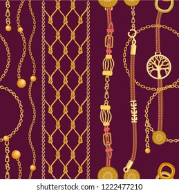 Luxurious print with chains, pendants, straps and ropes. Seamless vector pattern with jewelry elements and fashion accessories. Women's fashon collection. On brown background.