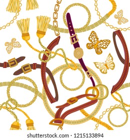 Luxurious print with chains, straps and brushes. Seamless vector pattern with jewelry elements. Women's fashon collection. On white background. Luxurious print with chains, straps and brushes. Seamless vector pattern with jewelry elements. Women's fashon collection. On white background.