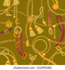 Luxurious print with chains, straps and pendants. Seamless vector pattern with jewelry elements. Women's fashon collection. On yellow background.