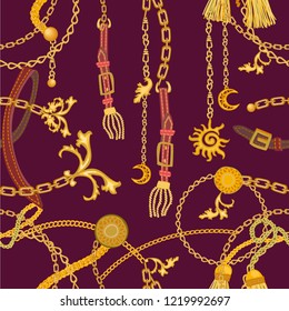 Luxurious print with chains, straps and pendants. Seamless vector pattern with jewelry elements. Women's fashon collection. On brown background.