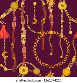 Luxurious print with fashion accessories. Seamless vector pattern with leather straps, chains and jewelry elements. Women's fashon collection. On brown background. Luxurious print with fashion accessories. Seamless vector pattern with leather straps, chains and jewelry elements. Women's fashon collection. On brown background.
