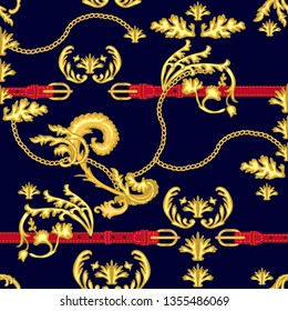 Luxurious print with golden chains, belts and damask decorative elements. Seamless vector pattern with jewelry items. Women's fashon collection. On dark background.