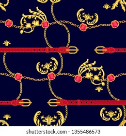 Luxurious print with golden chains, belts, rubins and damask decorative elements. Seamless vector pattern with jewelry items. Women's fashon collection. On black background.