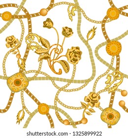 Luxurious print with golden roses, chains and other decorative elements. Seamless vector pattern with jewelry items. Women's fashon collection. On white background.