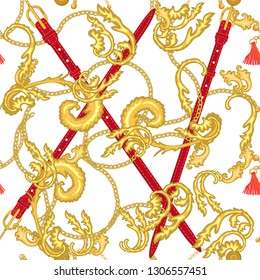Luxurious print with red leather belts, chains amd golden decorative elements. Seamless vector pattern with jewelry items. Women's fashon collection. On white background.