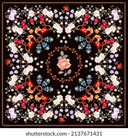 Luxurious print for shawl with bouquets of roses, cinquefoil, bacopa, paisley, peacocks, berries and decorative frame on black fog. Fashion accessory in vector. Pillow, pillowcase, napkin, bandana.