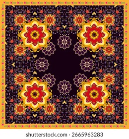 Impressão luxuosa para um cachecol quadrado ou tapete com mandalas brilhantes, padrões florais, folhas, bagas, corações em um fundo preto no vetor. Motivos étnicos.