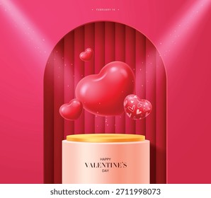 Lujosa Plantilla expositora de productos con un podio dorado y crema dentro de una alcoba arqueada rosa con cortinas de canalé. Decorado con corazones flotantes en 3D, focos y texto "Feliz Día de San Valentín".