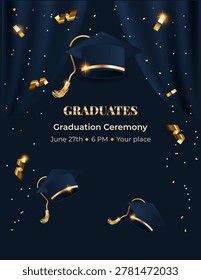 A luxurious prom invitation, with no year specified, featuring lettering in gold foil, gold glitter, sparkles, and streamers on a dark blue background