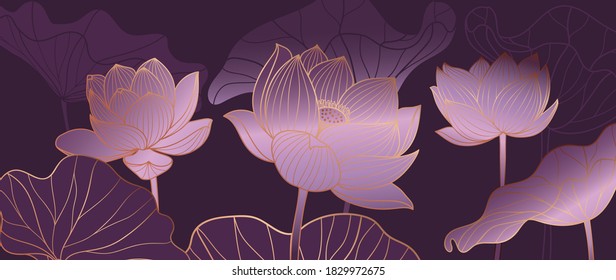 Luxurious Purple background design and golden lotus  Lotus flowers line arts design for wallpaper  natural wall arts  banner  prints  invitation   packaging design  vector illustration 