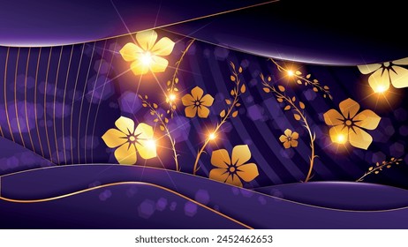 Luxurious purple gold floral art wallpaper. Overlapping wavy shapes, golden flowing stripes, beautiful flowers, highlights and lights create a chic composition. Vector.