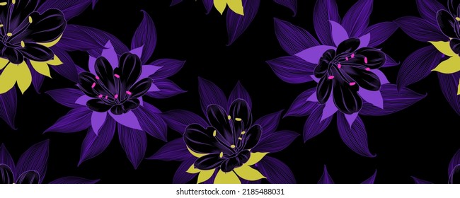 Luxurious purple pattern with abstract flowers of clivia and tropical leaves cheilocostus.