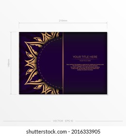 Luxurious purple rectangular postcard template with vintage abstract ornament. Elegant and classic vector elements ready for print and typography.