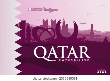 Lujoso fondo de viajes y turismo de Qatar con el horizonte de la ciudad de Doha, la torre de Katara y la ilustración del desierto. Lo mejor para visitar Qatar Fondo, Día Nacional, Eventos, Tourism.Ilustración vectorial. 