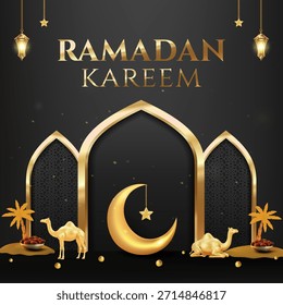 Lujosa obra de arte de felicitación de Ramadán con un fondo oscuro, arcos de oro adornados, una luna creciente brillante con una estrella colgante, palmeras, camellos y acentos de oro dispersos que transmiten vibraciones festivas, espirituales y lujosas.