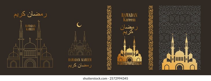 Luxurious Ramadan Kareem poster with a golden mosque, crescent moon, and ornate patterns, ideal for banners, flyers, and greeting cards.