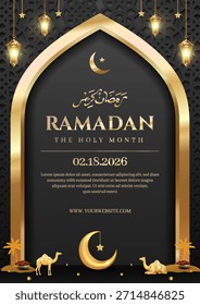 Un lujoso cartel temático de Ramadán con un arco de oro, luna creciente y linternas colgantes sobre un fondo oscuro. Ideal para promociones festivas, eventos religiosos y celebraciones culturales.