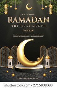 Lujoso cartel temático de Ramadán con una Grande luna creciente de oro, linternas colgantes, acentos de estrellas y adornos de mezquitas. Perfecto para anuncios de mes sagrado, eventos religiosos y marketing festivo.
