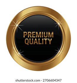 A luxurious and realistic vector illustration of a Premium Quality badge. This circular label features a shiny gold metallic rim and a glossy black center with elegant gold typography. 
