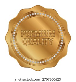 Una Ilustración vectorial lujosa y realista de una insignia de oro de calidad Premium. Este sello presenta una brillante forma festoneada dorada con un borde deslumbrante de diamantes brillantes y tipografía metálica.