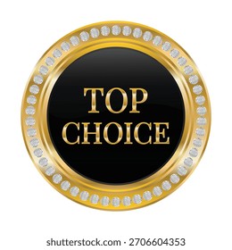 A luxurious and realistic vector illustration of a "Top Choice" badge. This circular label features a shiny gold metallic rim studded with sparkling diamonds and a glossy black center with gold text.