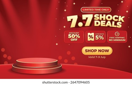 Luxurious red 7.7 shock deals banner with golden text, discount badges, glowing spotlights, and a 3D podium. Perfect for premium ecommerce promotions and seasonal sales.