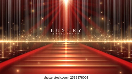 A luxurious red carpet stretches to your destination. Featuring a black curtain backdrop with twinkling lights and a golden glow effect, a premium atmosphere design concept for award ceremonies.