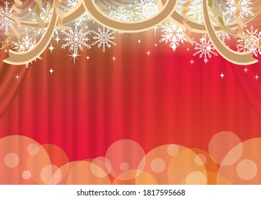 Es una cortina roja de lujo con una imagen clásica como Navidad y conciertos.